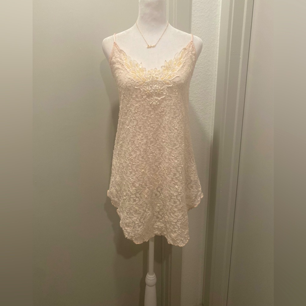 VTG 80s 90s Intimate Moods Fairycore Cream White Floral Lace Cami Slip Dress - M